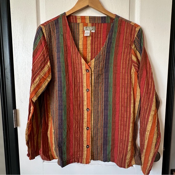 The Territory Ahead Tops - The Territory Ahead Stripe V-neck Button Front Blouse Long Sleeve Textured Woven